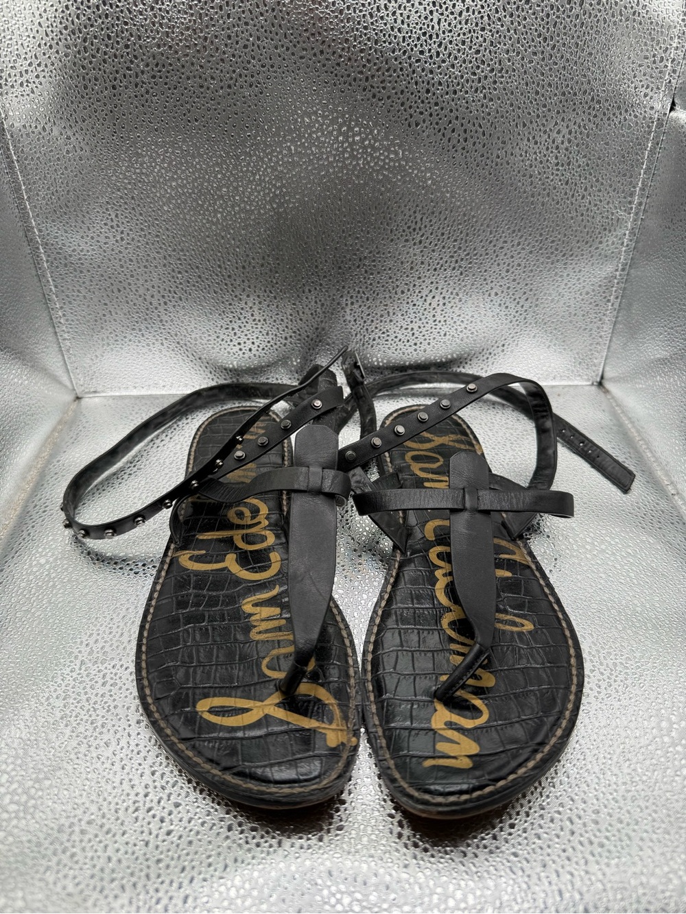 Sam Edelman Black Studded T-Strap Ankle Wrap Sandals